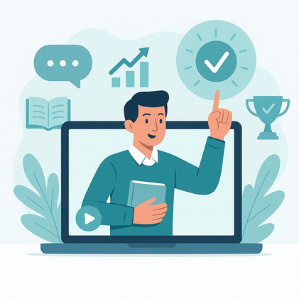 استاد در حال تدریس آنلاین با نماد موفقیت، نمودار پیشرفت و نشان تیک سبز در پس‌زمینه