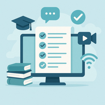 چک‌لیست روی مانیتور در کنار نمادهای آموزشی مانند کلاه فارغ‌التحصیلی، کتاب، دوربین و وای‌فای