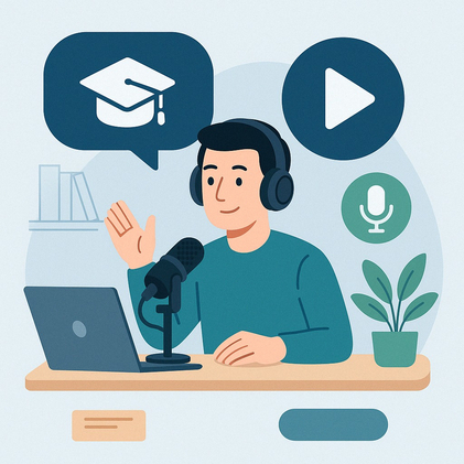 میز ضبط پادکست با میکروفن، لپ‌تاپ، هدفون و نمادهای آموزشی مانند کلاه فارغ‌التحصیلی و دکمه پخش