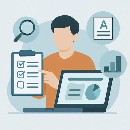 استاد در حال بررسی چک‌لیست و نمودارهای ارزیابی عملکرد دانشجویان در لپ‌تاپ