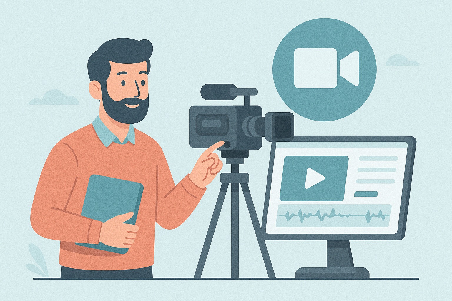 استاد در حال کار با دوربین و نرم‌افزار ویرایش ویدیو برای تولید محتوای آموزشی